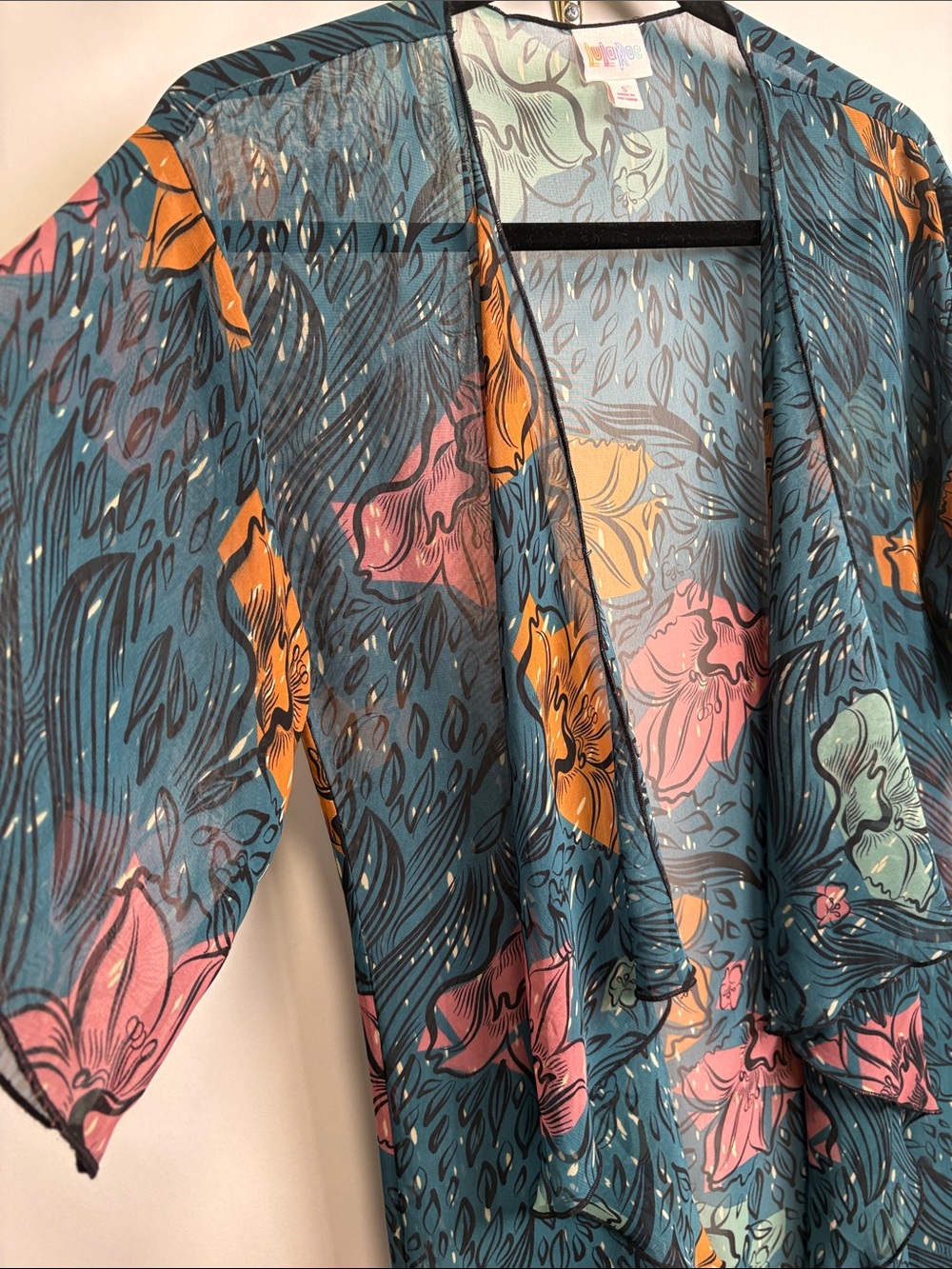 LuLaRoe Teal Floral Open Kimono with Black Detail - Picture 3 of 9